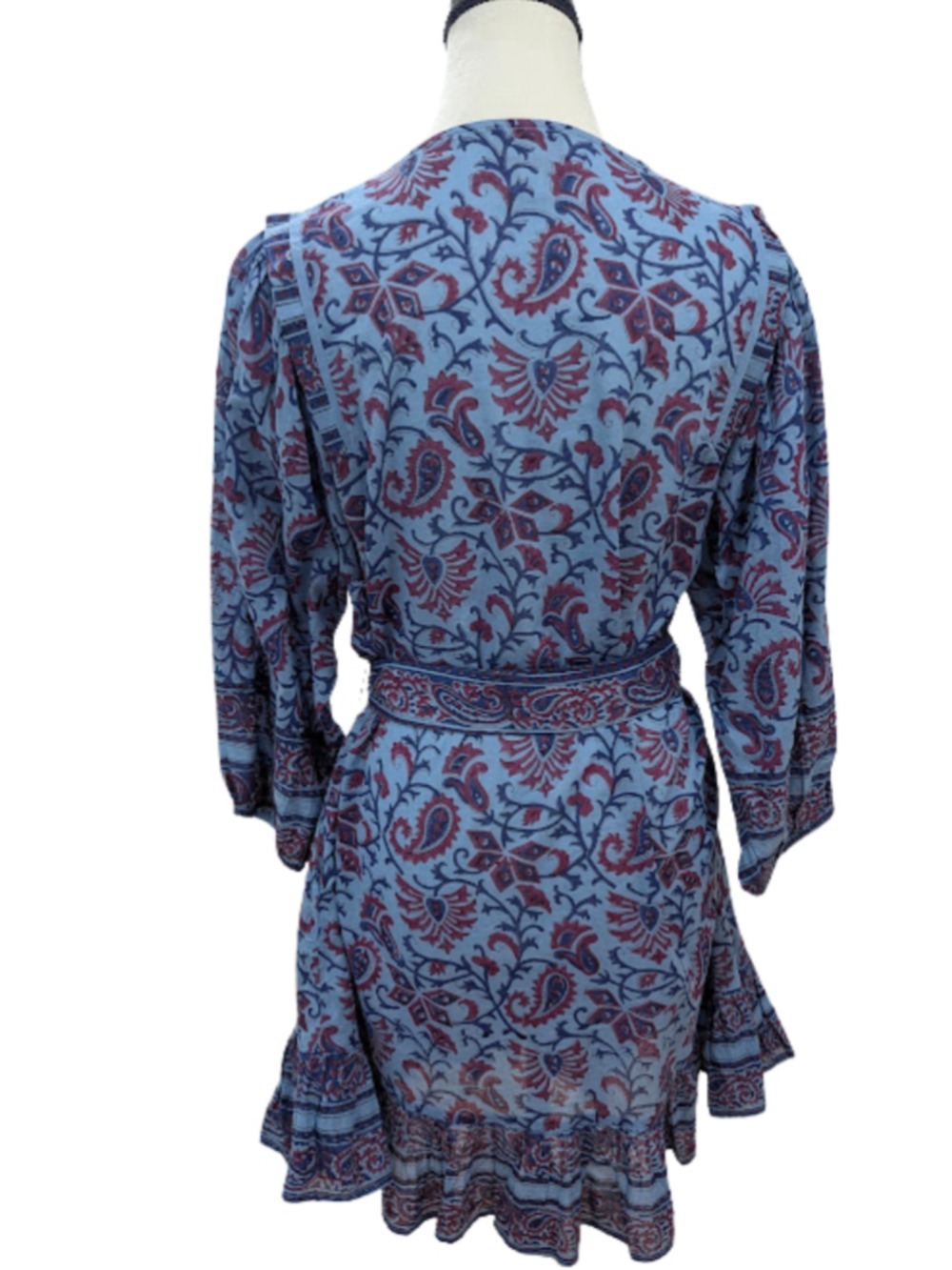 Cleobella Organic Cotton Paisley Boho Mini Dress M Blue Plum Belt Pockets - Picture 3 of 13